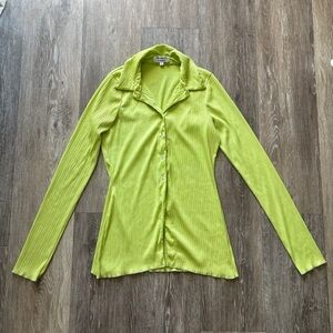 Frankies Bikinis Chartreuse Kiwi Crinkle Plissé Long Sleeve Button Up Top Size S